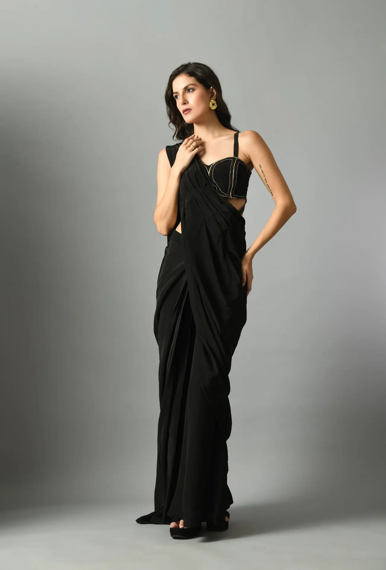 Nylah bustier with moonshine pre draped saree